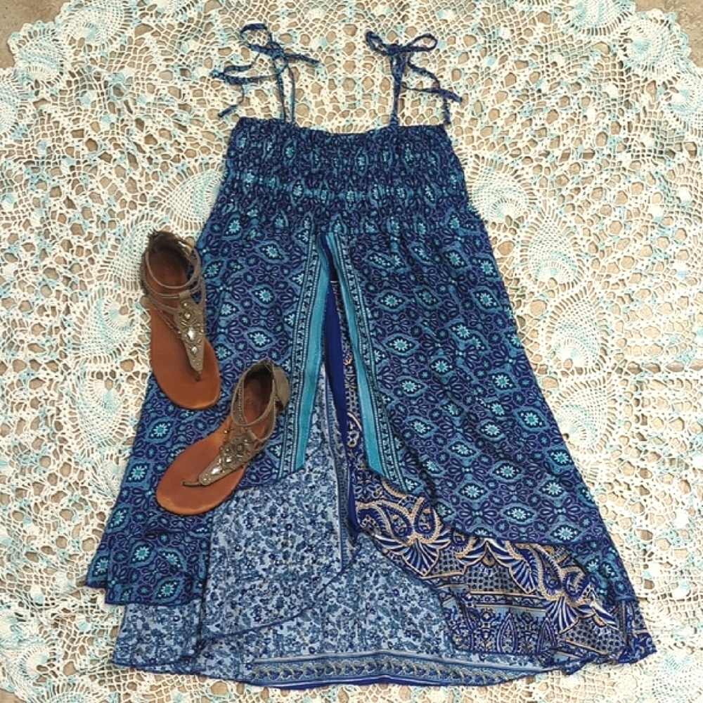 Indian 100% Silk Boho Sundress With Tie Straps